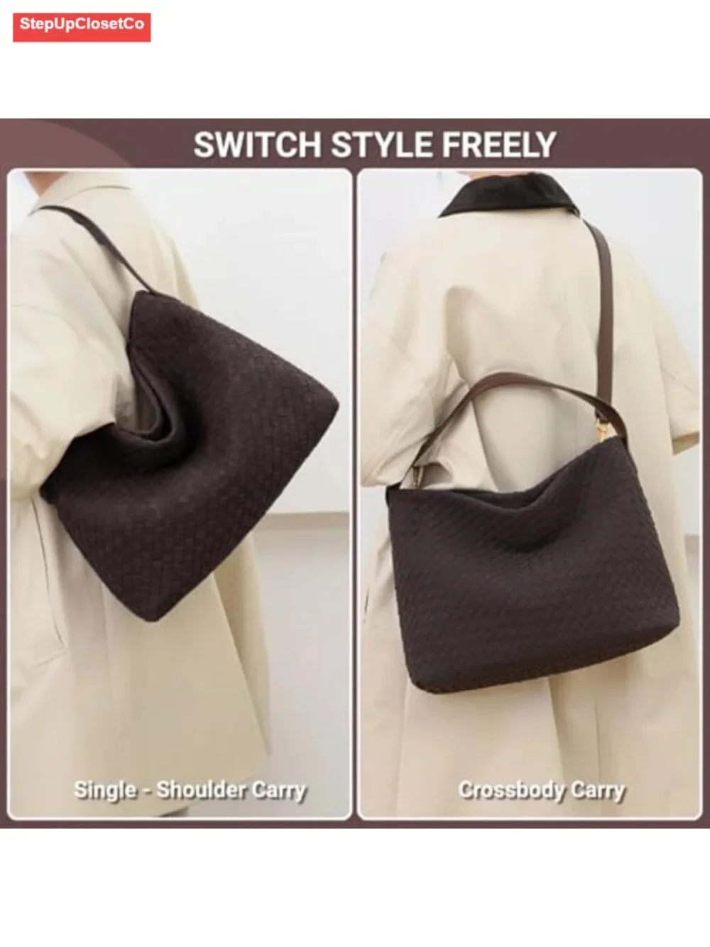 Woven Suede Hobo Bag Women Slouchy Shoulder Tote Purse with Detachable